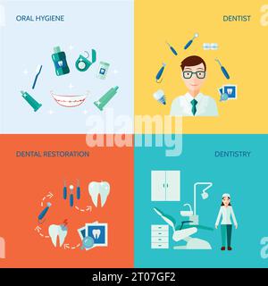 Dental treatment care and oral hygiene flat color  decorative icon set isolated vector illustration Stock Vector