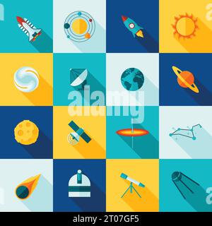 Universe space symbols satellite rocket planet and  constellation flat color long shadows icon set isolated vector illustration Stock Vector