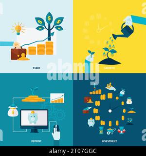 Investment grows deposit motion and stake protection or accumulation flat color decorative icon set isolated vector illustration Stock Vector