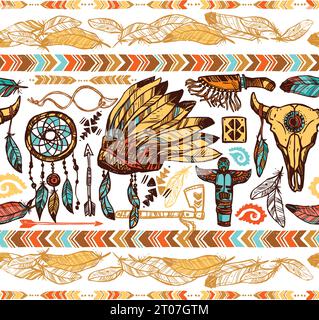 Native american style feathers ornaments tambourine war bonnet and totems color seamless pattern vector illustration Stock Vector