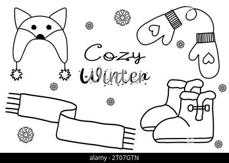 Set of suede slipper boots with fur, cute warm hat, scarf and mittens, warm winter accessory, doodle style flat vector outline illustration for kids coloring book Stock Vector