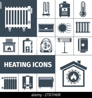 Heating devices boiler radiator fireplace warm home flat black silhouette decorative icon set isolated vector illustration Stock Vector
