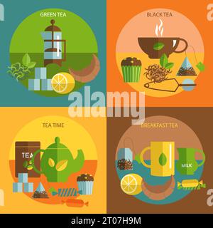 English afternoon black and green  tea time  4 flat icons square composition banner abstract isolated vector illustration Stock Vector