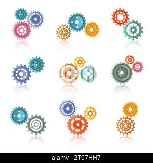 Connected color gears on two-three icons set isolated vector illustration Stock Vector