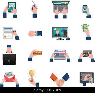 Business hands holding different commerce and financial symbols icons flat set isolated vector illustration Stock Vector