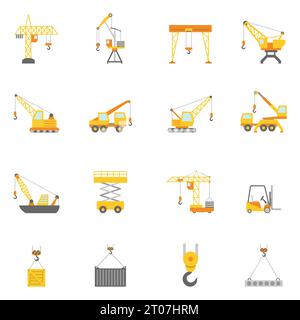 Cranes in construction industry flat icons set with truck mounted and tower crane abstract isolated vector illustration Stock Vector