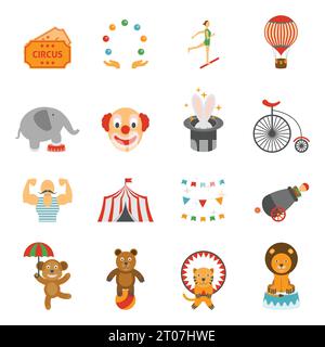 Travelling chapiteau tent magic performance flat icons set with clown and circus animals abstract isolated vector illustration Stock Vector