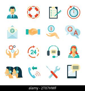 Flat style color icons collection of fast customer support and technical assistance isolated vector illustration Stock Vector