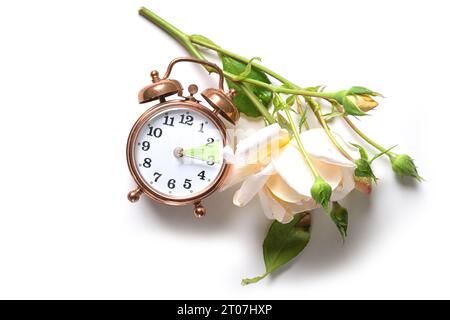Vintage alarm clock and a light rose showing the hour between daylight saving time in summer and fall back for winter or standard time, flat lay on a Stock Photo