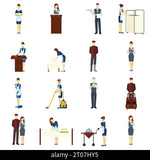 Hotel staff flat icons set with maid and waiter characters isolated vector illustration Stock Vector