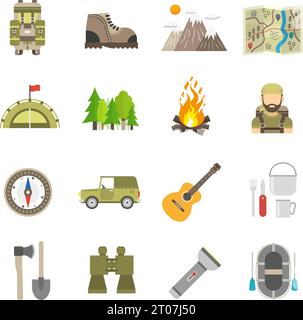 Tourism and summer hiking icons flat set isolated vector illustration Stock Vector