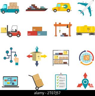Logistics transportation and delivery flat icons set isolated vector illustration Stock Vector