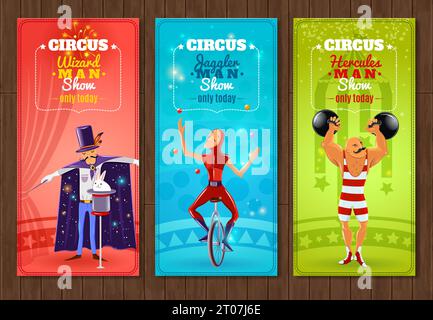 Travelling circus one day show flat banners set with juggler strongman and wizard abstract isolated vector illustration Stock Vector