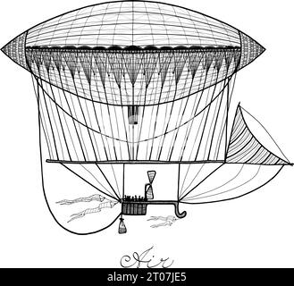 Doodle retro style zeppelin airship black pencil calligraphic vector illustration Stock Vector