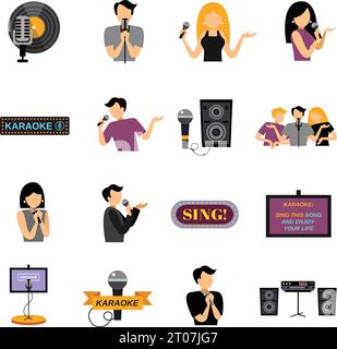 Karaoke flat icons set with people and microphones isolated vector illustration Stock Vector