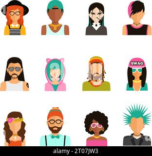 Different subcultures man and woman color portrait icons set in trendy flat style isolated vector illustration Stock Vector