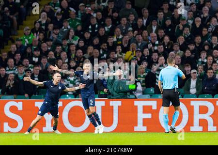 Glasgow, Scotland. 04 October 2023.  The Lazio players are initially confused in the aftermath of their goal  Celtic Vs Lazio - UEFA Champions League, Group E  Credit: Raymond Davies / Alamy Live News Stock Photo
