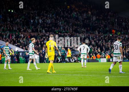 Glasgow, Scotland. 04 October 2023.  Celtic look dejected after losing a late goal  Celtic Vs Lazio - UEFA Champions League, Group E  Credit: Raymond Davies / Alamy Live News Stock Photo