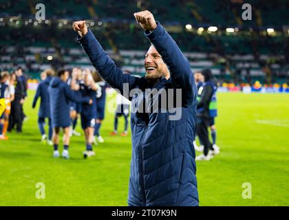 Glasgow, Scotland. 04 October 2023.  Lazio players celebrate with their fans at full time  Celtic Vs Lazio - UEFA Champions League, Group E  Credit: Raymond Davies / Alamy Live News Stock Photo