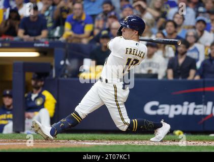 Milwaukee, United States. 04th Oct, 2023. Milwaukee Brewers Sal Frelick hits an rbi sacrifice fly in the first inning against the Arizona Diamondbacks in game two of an MLB National League Wild Card series at American Family Field in Milwaukee, Wisconsin on Wednesday, October 4, 2023. Photo by Tannen Maury/UPI Credit: UPI/Alamy Live News Stock Photo