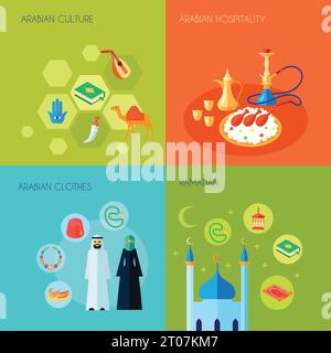 Arabic culture design concept set with hospitality clothes and ramadan flat icons set isolated vector illustration Stock Vector