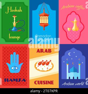 Arabic culture mini poster wet with hookah coffee hamsa cuisine isolated vector illustration Stock Vector