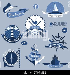 Sea nautical navigation skipper blue labels set isolated vector illustration Stock Vector