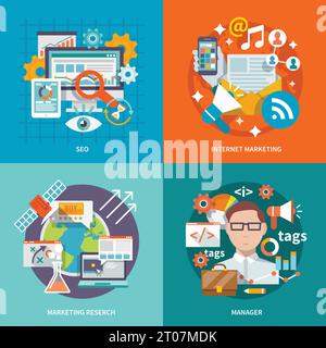Seo internet marketing design concept with research manager flat icons set isolated vector illustration Stock Vector