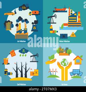 Ecology design concept set with air water and soil pollution flat icons isolated vector illustration Stock Vector