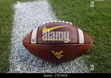 A detail closeup of a Nike Vapor Elite football with the West Virginia logo before an NCAA college football game against TCU Saturday Sept. 30 2023 in Fort Worth Texas. Matt Patterson