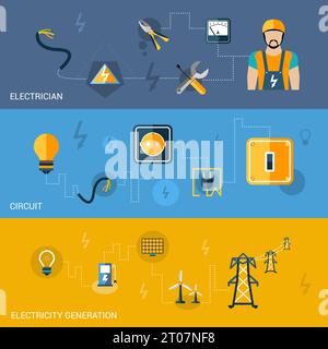 Electricity flat banners set with electrician circuit generation elements isolated vector illustration Stock Vector