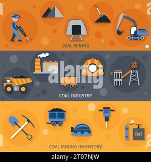 Coal industry horizontal banners set with mining inventory elements isolated vector illustration Stock Vector