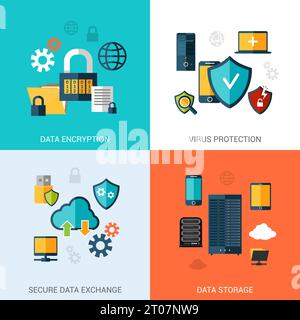 Data protection set with encryption secure exchange storage flat icons isolated vector illustration Stock Vector