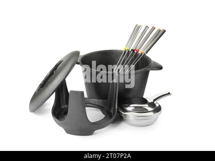 Fondue set isolated on white. Cooking utensils Stock Photo