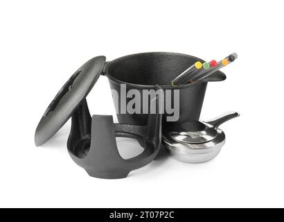 Fondue set isolated on white. Cooking utensils Stock Photo