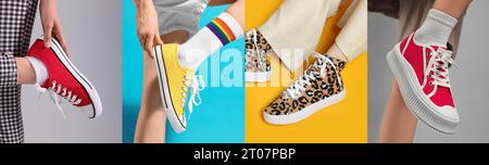 Photos of women in stylish sneakers on different color backgrounds, collage design Stock Photo