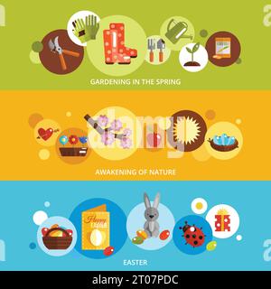 Spring horizontal banner flat set with gardening awakening of nature easter elements isolated vector illustration Stock Vector