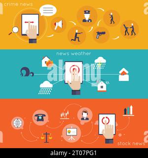 Hand touching mobile device screen crime weather stock news apps flat icon set isolated vector illustration Stock Vector