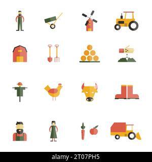 Farm icon flat set with barn cattle cow farming tools isolated vector illustration Stock Vector
