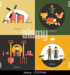 Farm design concept set with store collect plant grow flat icons isolated vector illustration Stock Vector