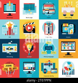 Creative process concept square icons set with advertising action and working online flat isolated vector illustration Stock Vector