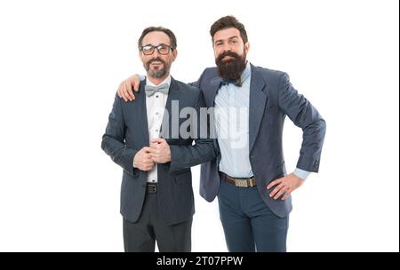 PR manager. partnership of boss men isolated on white. mature men have own business. bearded businessmen in formal suit. business meeting. team Stock Photo