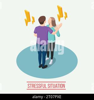 Stressful situation isometric composition with yellow lightnings around man and woman during emotional communication vector illustration Stock Vector