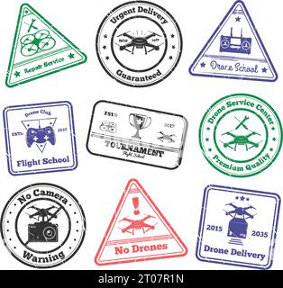 Drone grunge stamps set of colourful postal stamps with images of unmanned flying vehicle and text vector illustration Stock Vector