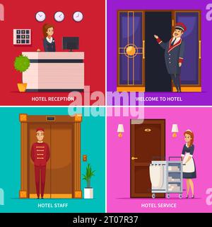 Hotel service 2x2 design concept set of square icons with doorman receptionist chambermaid bellboy cartoon characters vector illustration Stock Vector