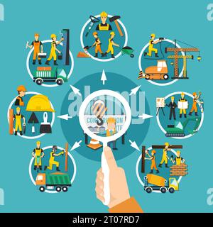Construction worker round composition with magnifier in a mands hands for detailed selection of works vector illustration Stock Vector