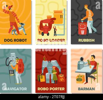 Robots with duties dog, trash can, navigator, barman, porter, vertical cards on color background isolated vector illustration Stock Vector