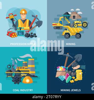 Mining design concept set with coal industry and professional miner flat icons isolated vector illustration Stock Vector