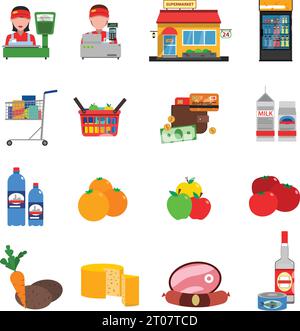 Supermarket flat icons set with groceries cash register and money isolated vector illustration Stock Vector