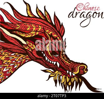 Hand drawn chinese dragon head with colored ornament vector illustration Stock Vector